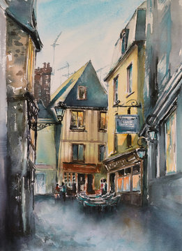 Small, narrow street in old city of Le Mans, France. Picture created with watercolors.