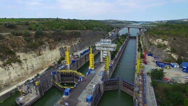 Aerial view of Cernavoda sluice gate, Ecluza Cernavoda, Romania