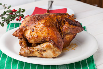 Baked chicken on white plate.