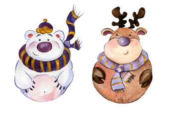 Rounded funny polar bear and caribou wearing purple scarfs on white background. Hand drawn watercolor painting. Can be used for Christmas and New year illustrations, greeting cards.  