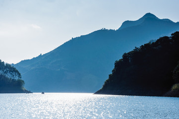 The lake and mountains scenery with blue sky