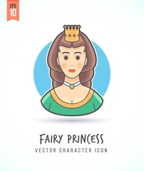 Fairy beautiful princess in golden crown and dress illustration People lifestyle and occupation Colorful and stylish flat vector character icon