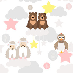 Naklejka premium Cute animal kid vector seamless pattern with bear, chick, ewe lamb