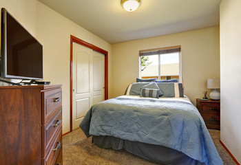 Large blue bed, cabinet with TV, closet in small bedroom