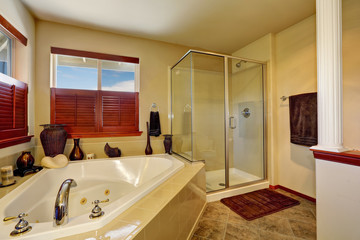 Luxury bathroom with corner bath tub and glass shower.