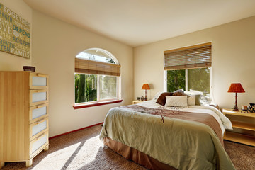 Bright sunny bedroom interior with modern cabinet and arched window.