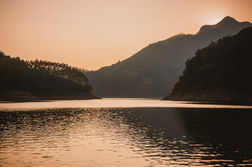 The mountains and lake scenery in sunset