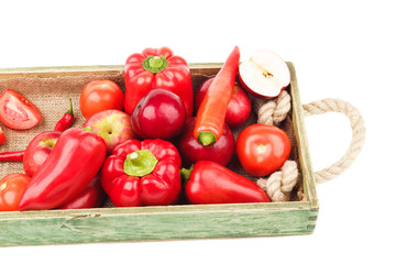Set of red fresh raw vegetables and fruits