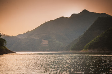 The mountains and lake scenery in sunset