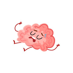 Funny tired, stressed out brain sweating and lying exhausted, cartoon vector illustration on white background. Cute worn out brain character as a symbol of stress and overtraining