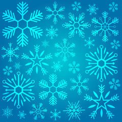 Merry Christmas and Happy New Year. Snowflakes on blue background. Vector illustration.