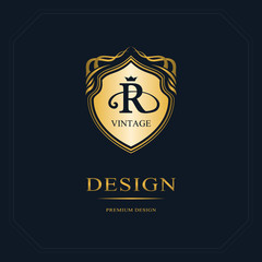 Monogram design elements, graceful template. Calligraphic elegant line art logo design. Letter emblem sign R for Royalty, business card, Boutique, Hotel, Heraldic, Jewelry. Vector illustration