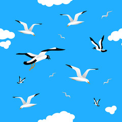 Gulls and clouds in the blue sky. Seamless.