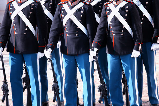The Royal Guard with army guns in Copenhagen, Denmark marching