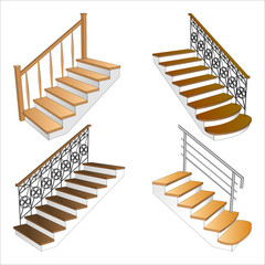 Set various modern stairs 3d isolated with forged railing isolated 3d. Staircase sample side view with wooden steps for home. Vector illustration.