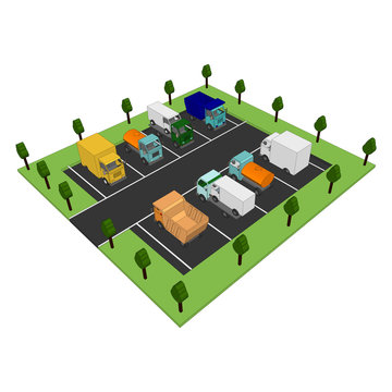 Car Parking lot 3d. View from above.  Transport set  icon isometric. Various automobiles  3d. Vector Illustration.