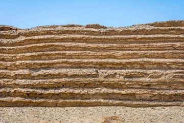 Chinese great wall detail in Gobi desert, Dunhuang, China