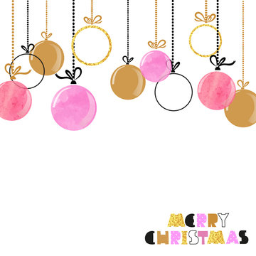 Hanging Christmas balls. Merry Christmas card design in pink and golden colors. 