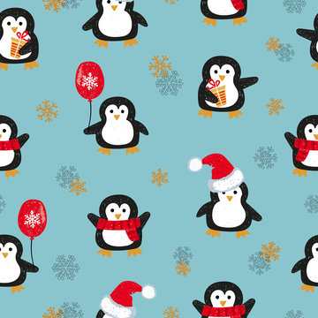 Seamless pattern with cute Christmas penguins. Vector holiday background.