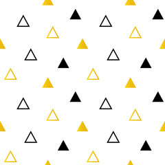 Trendy black and gold triangles on white seamless pattern background.