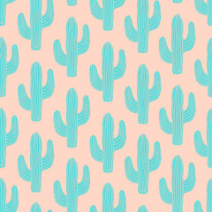 Seamless pattern with cactus in blue on pink background. - 126865380
