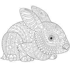 Fototapeta premium Stylized rabbit (bunny, hare), isolated on white background. Freehand sketch for adult anti stress coloring book page with doodle and zentangle elements.