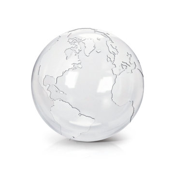 Clear glass globe 3D illustration North and South America map on white background