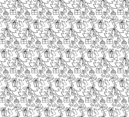 Christmas elements.  Illustration for a  wrapping paper,  wallpaper.  Black-and-white drawing. White background.   Seamless vector pattern.