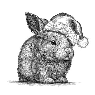 Rabbit, black and white engrave. Christmas hat.