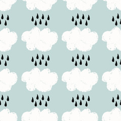 Seamless pattern with clouds and raindrops in white and black on blue background.