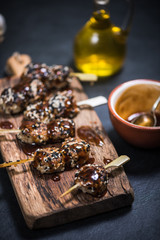 grilled chicken kebabs skewers with sesame and sauce