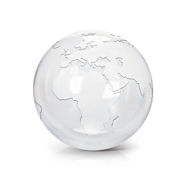 Clear glass globe 3D illustration europe and africa map on white background
