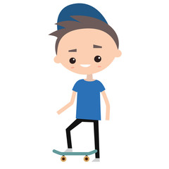 Young millennial boy standing with a skateboard, editable clip art vector flat illustration
