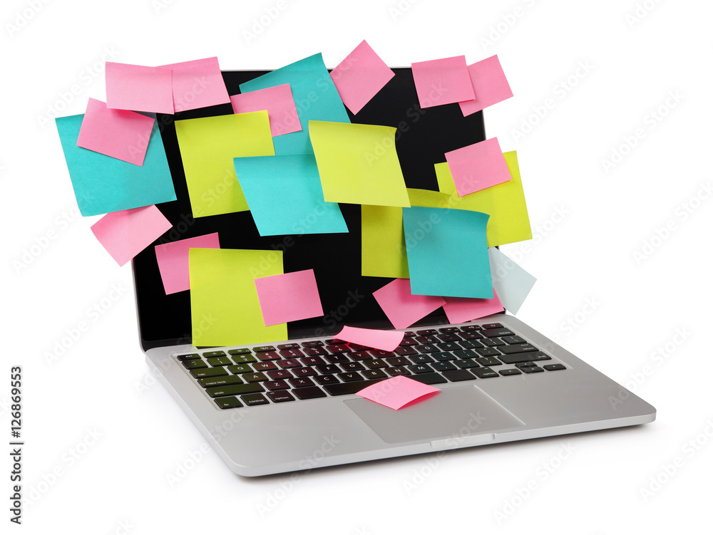 Wall mural image of laptop full of colorful sticky notes reminders on scree