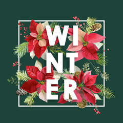 Winter Christmas Design in Vector. Winter Flowers with Pines Retro Background