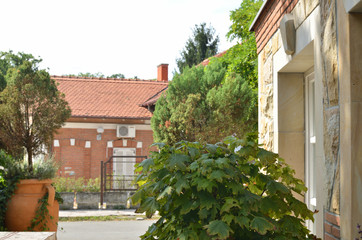 Fototapeta na wymiar Traditional house of red brick seen through garden across