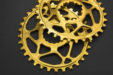 Golden oval bicycle chainring at grey background