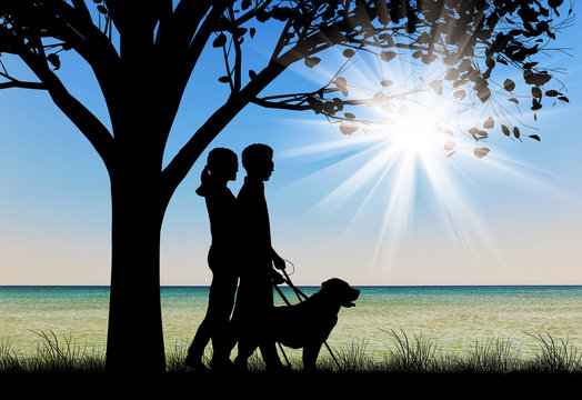 Blind couple with cane and dog guide under tree near sea day