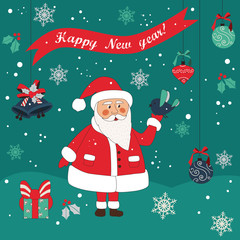 Merry Christmas card in vector.Cute funny Santa Claus and bird. EPS 8