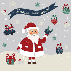 Merry Christmas card in vector.Cute funny Santa Claus and bird. EPS 8