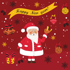 Merry Christmas card in vector.Cute funny Santa Claus and bird. EPS 8