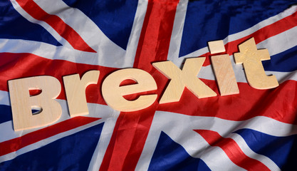 Brexit Word on Great Britain Flag fabric