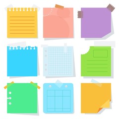 Collection of various crumpled note papers with curled corner and adhesive tape, ready for your message. Flat vector cartoon note papers illustration. Objects isolated on white background.