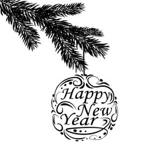 Black and white, realistic branch of fir tree. Greeting inscription Happy New Year. Fir branches. Isolated on white background. Christmas illustration