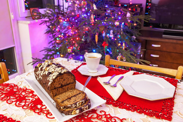 Christmas gingerbread cake with chocolate and hazelnuts.