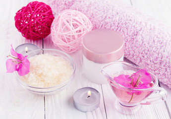 Spa set on white wooden background