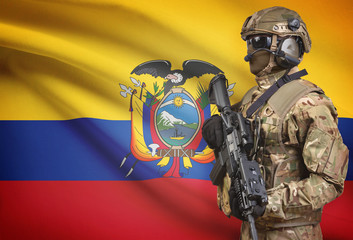 Soldier in helmet holding machine gun with flag on background series - Ecuador