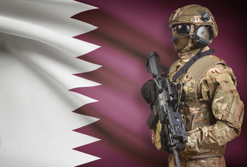 Soldier in helmet holding machine gun with flag on background series - Qatar