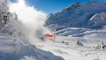 Afwasbaar fotobehang Dangerous accident of skier jumping in the air © Jag_cz