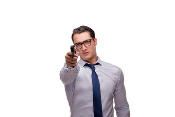 Naklejka premium Young businessman with gun isolated on white